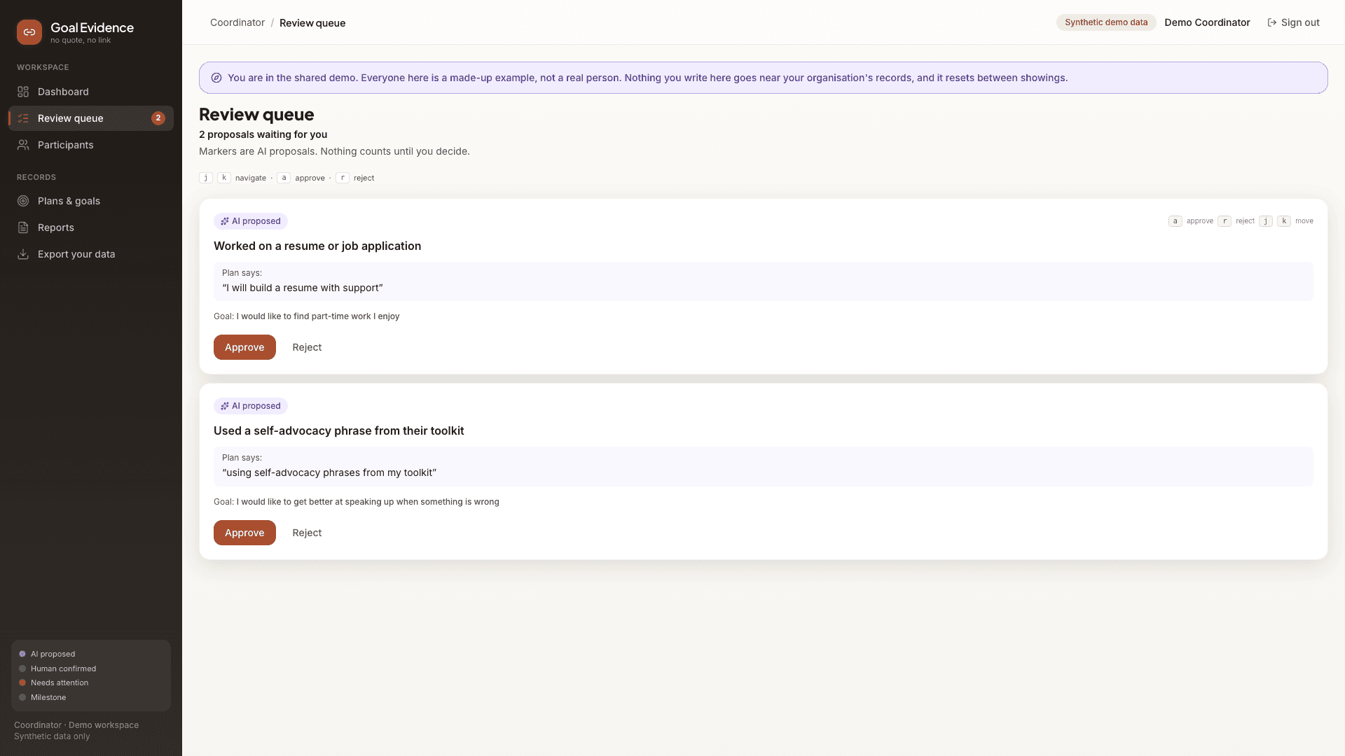 The review screen, listing the reports waiting for a person to read them.