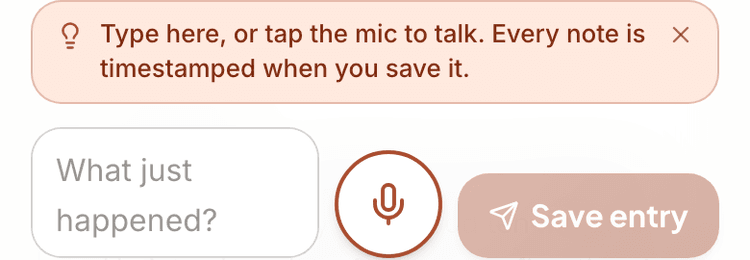 The entry box at the foot of the shift screen, with a microphone and a Save entry button, above a reminder that every note is timestamped when it is saved.