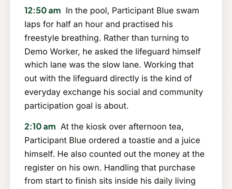 The shift narrative, each moment carrying the time it happened and naming the goal that moment speaks to.