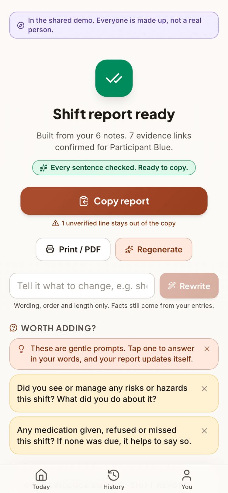The report screen with its copy button, and below it the questions the app raises rather than filling the gaps in itself.