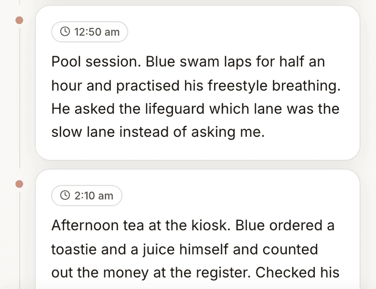 Two entries from a shift, each carrying the time it was saved.
